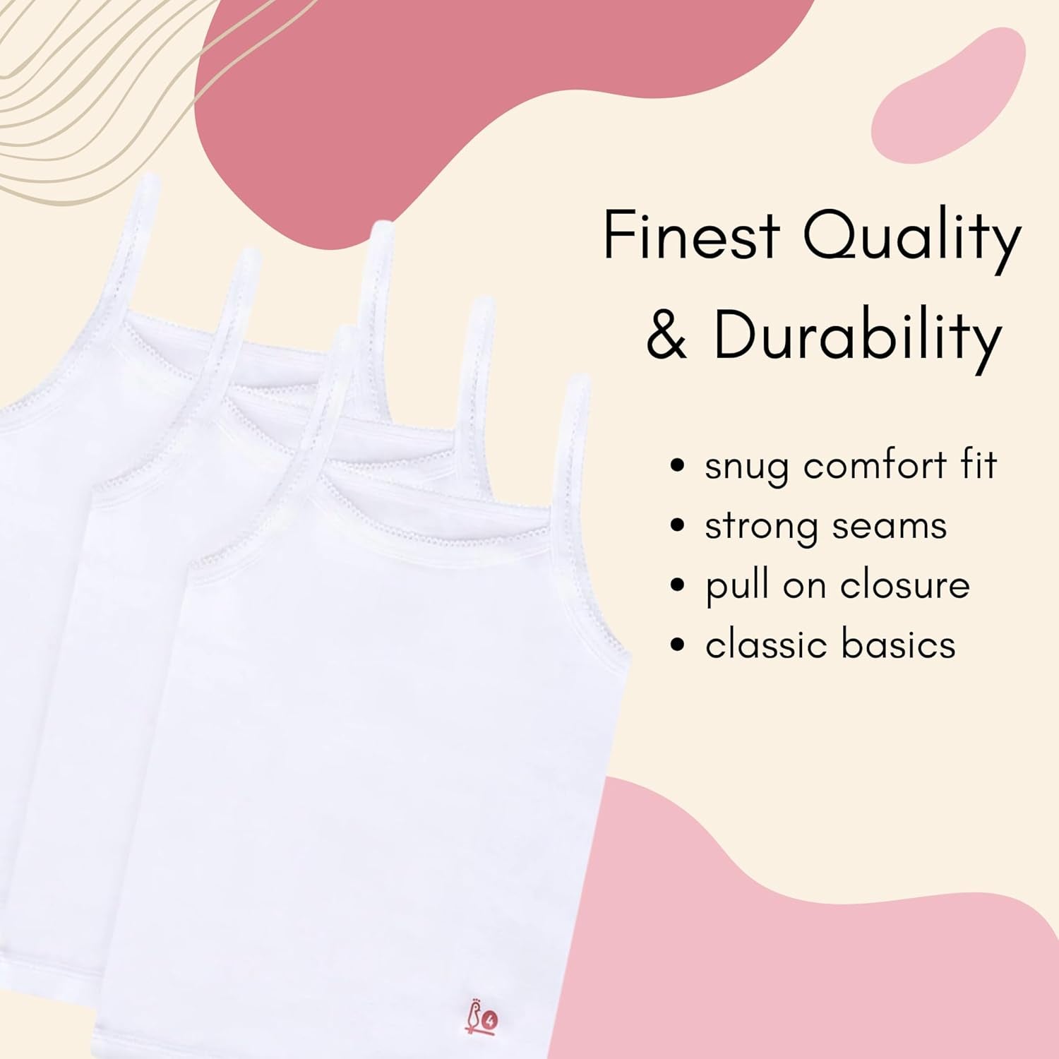 Girls Solid White Snug Fit Tagless Cami Vest - 100% Cotton Super Soft Undershirts (3/Pack)