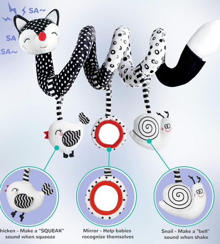 Euyecety Baby Spiral Plush Toys, Black White Stroller Toy Stretch & Spiral Activity Toy Car Seat Toys, Hanging Rattle Toys for Crib Mobile, Newborn Sensory Toy Best Gift for 0 3 6 9 12 Months Baby-Fox